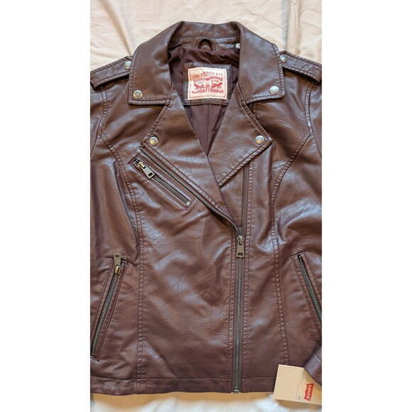 NWT Levi's Women's Medium Faux Leather Asymmetrical Motorcycle Jacket Red Wine - Picture 6 of 12